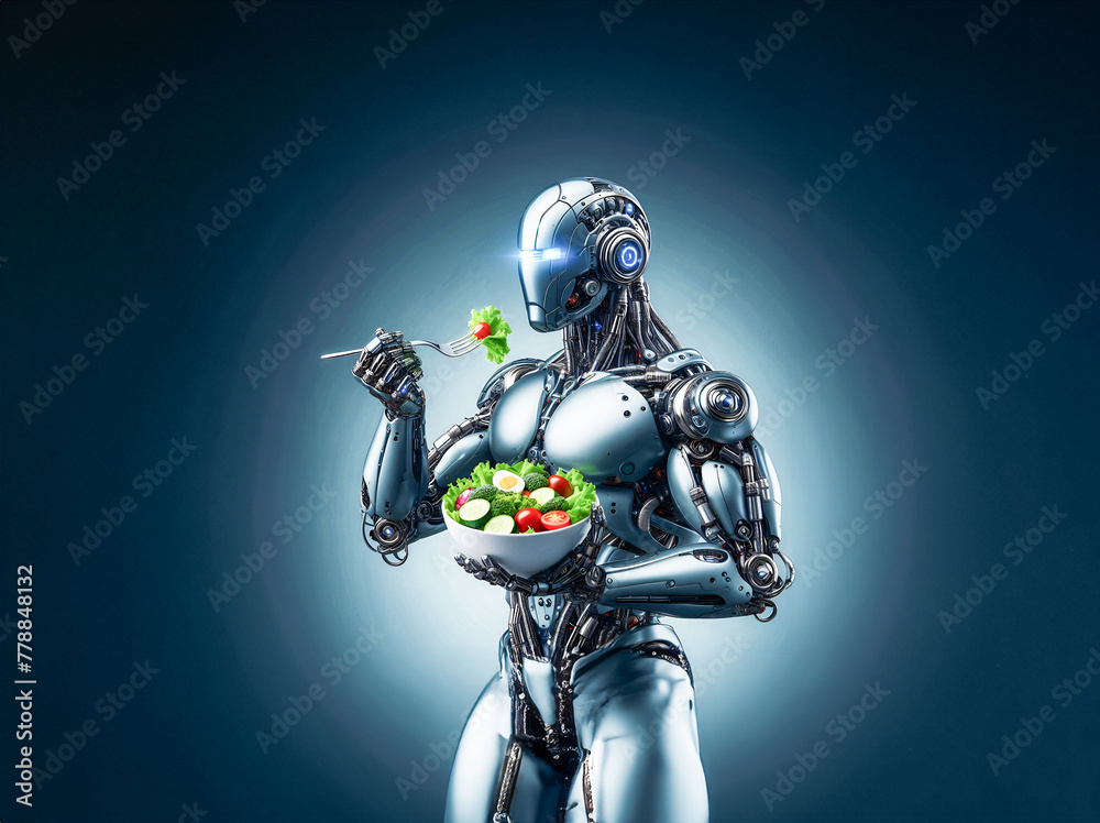 Fototapeta premium robot chef preparing salad, artificial intelligence assistant in the kitchen, replacing a person in the kitchen