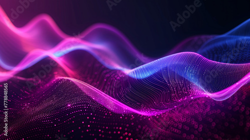 A purple and blue wave with a lot of dots. The dots are in different colors and sizes. Abstract flowing elements with neon led illumination. Cyber, futuristic background Wallpaper colorful