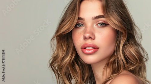 Close-up of Young Woman with Clear and Healthy Skin on Neutral Background, Skin Care Concept