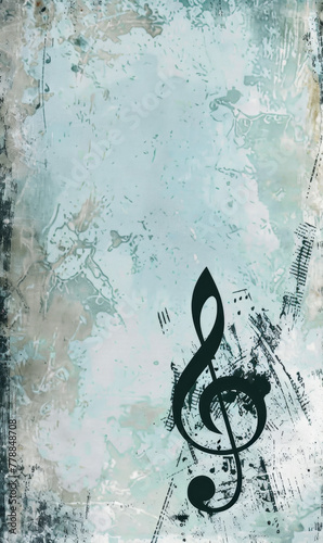 Old-styled musical notes and treble clefs on a grunge parchment background.