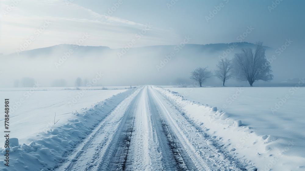 Tyre tracks leading through a snowy landscape