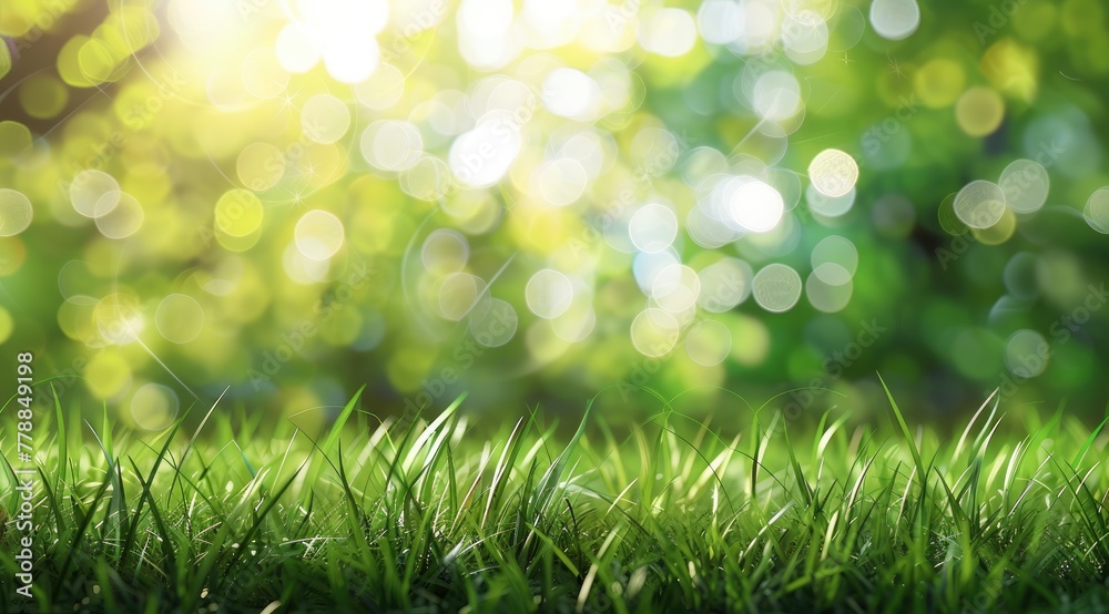 Beautiful blurred background of natural green grass and soft sunlight