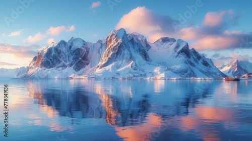  A mountain range with a body of water in the foreground and a boat in the foreground