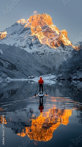 Stand up paddle boarding on a mirror like mountain lake at sunrise