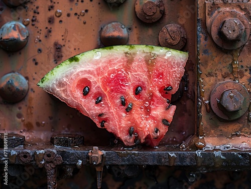 Watermelon slice amidst rusted mechanical parts water sheen