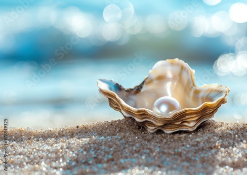 A pearl in an open oyster on the beach © MSTSANTA