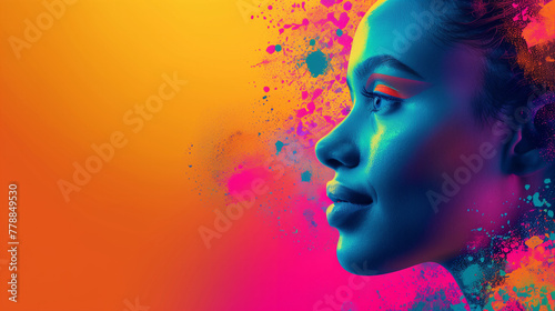 A woman's face is painted with bright colors and splatters of paint. banner graphic, one profile face, inspired by innovation, higher education, science, data, innovative thinking, with bright colors