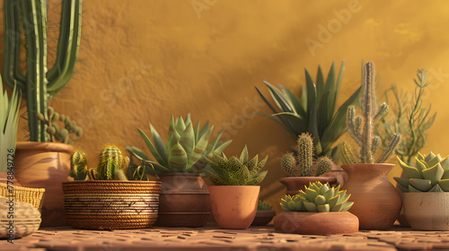 A 3D composition of succulents, clay pots and woven baskets on an earthy terracotta background, with a focus on an asymmetric arrangement and natural textures photo