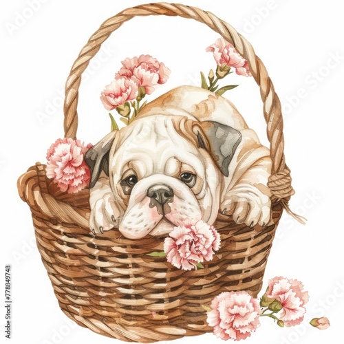 cute Bulldog puppy with a basket full of carnation flowers 1960s vintage watercolor