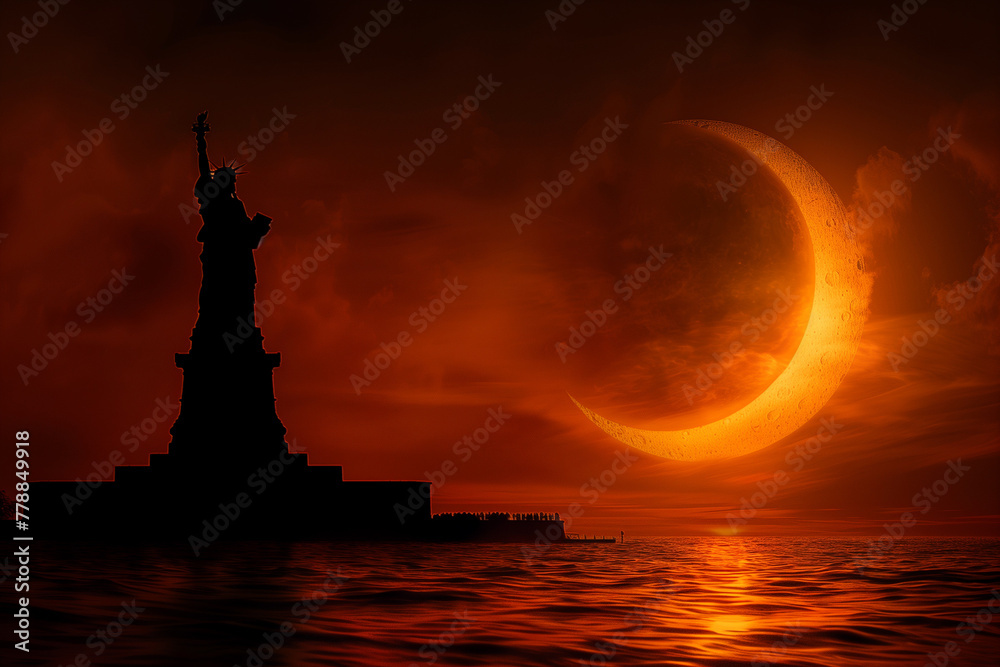 Statue of Liberty & solar eclipse.minimalist wallpaper.  Bold colors, day becomes night. copy space.