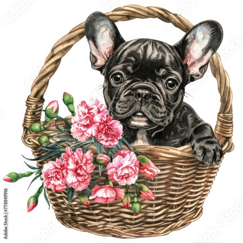 cute French Bulldog puppy with a basket full of carnation flowers 1960s vintage watercolor illustration	