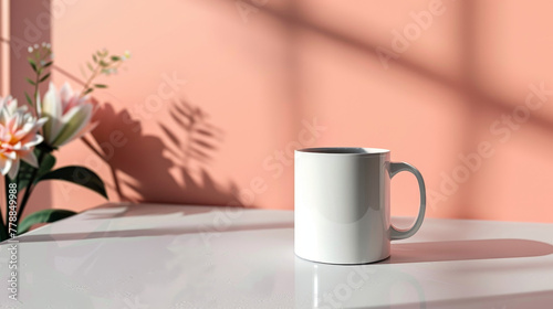 White coffee cup with shadow of flowers on a pink wall.