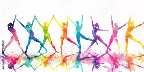 Yoga fitness practise with physical postures exercise for wellness health and meditation shown in a colourful abstract watercolour painting for use as a poster or flyer, stock illustration image