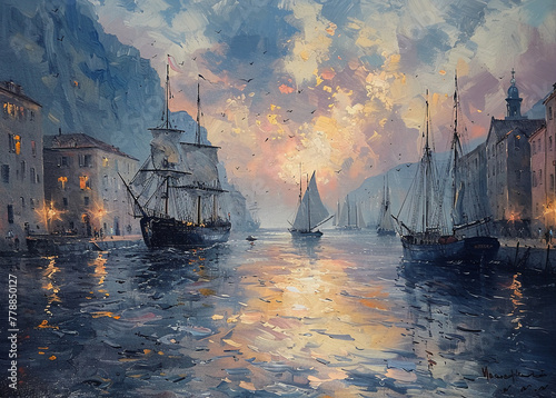 Oil painting, port city --ar 139:100 --stylize 750