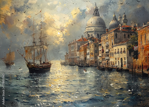 Oil painting, port city --ar 139:100 --stylize 750