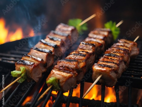 Grilling Meat and Shish Kebabs on Barbecue