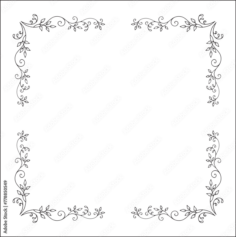Elegant black and white vegetal ornamental frame, decorative border, corners for greeting cards, banners, business cards, invitations, menus. Isolated vector illustration.
Elegant black and white vegetal ornamental frame, decorative border, corners for greeting cards, banners, business cards, invitations, menus. Isolated vector illustration.