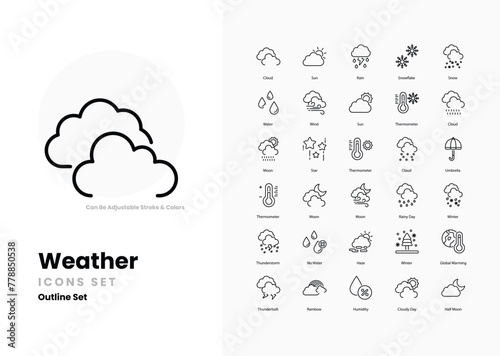 weather icons set such as, Sun, Cloud, Rain, Snow, Wind, Storm, Thunderstorm, Lightning, Hail, Fog, Mist, Drizzle,  vector illustration