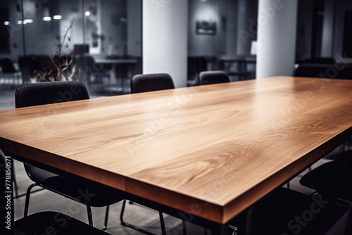 Empty dark meeting room. Table and chairs in a transparent workspace