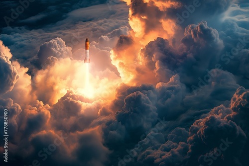 A rocket soars through a dynamic sky filled with fiery sunset hues and billowing clouds, epitomizing human ambition and technological progress.