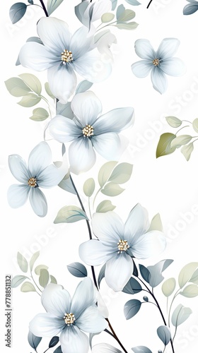 Gray flower petals and leaves on white background seamless watercolor pattern spring floral backdrop 