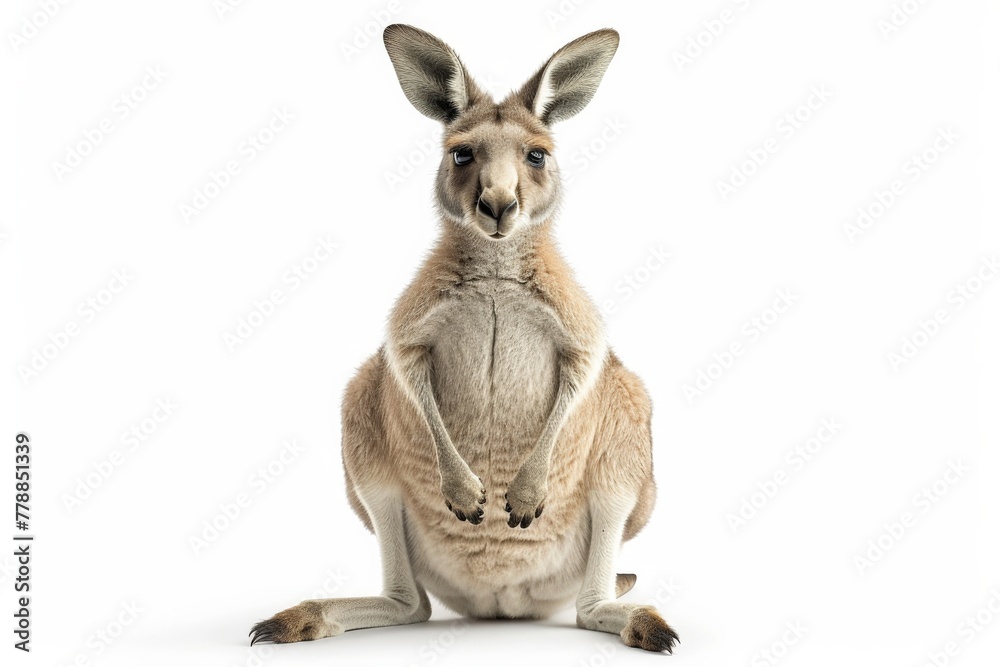 Majestic kangaroo sitting on hind legs with front paws on the ground in a graceful pose - obrazy, fototapety, plakaty 