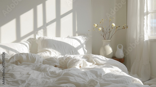 White linen bedding on a comfortable bed