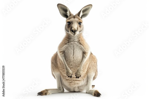 Majestic kangaroo sitting on hind legs with front paws on the ground in a graceful pose