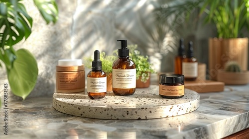A set of natural skincare products on a terrazzo podium surrounded by greenery