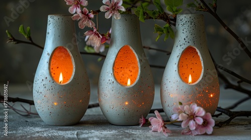  Three vases sit together with a lit candle in one