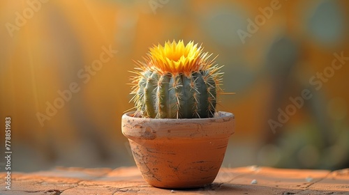  A tiny cactus boasting a vibrant yellow bloom perched in a terracotta pot atop a rustic wooden table, set against a warm yellow back