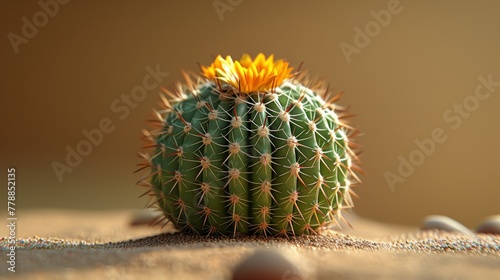  A green cactus with a yellow flower on a wooden table near rocks and a brown wall