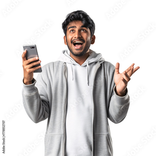 Surprised young Pakistani men looking above while holding a phone, isolated background
