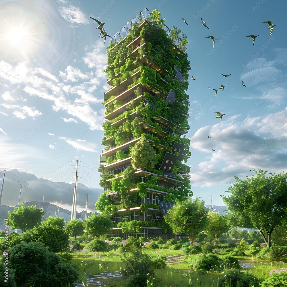 Sustainable Digital Tower Surrounded by Lush Green Infrastructure in Bright Sunny City Landscape
