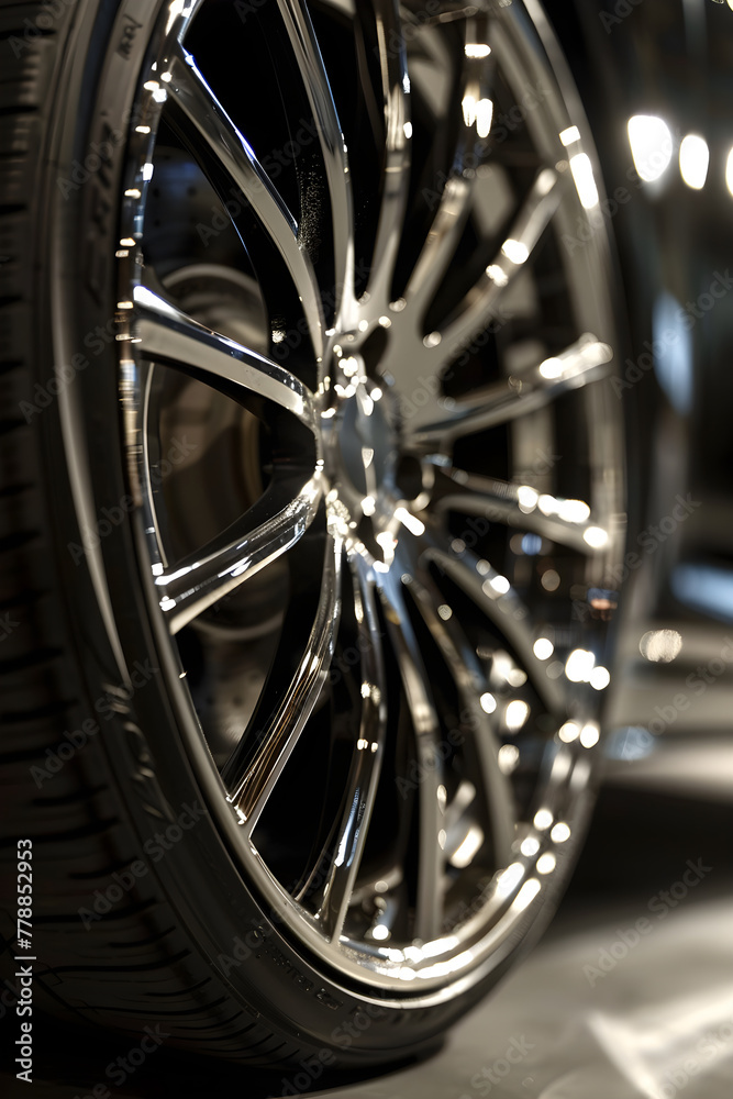 Close-Up View of High-Performance Luxury Vehicle Wheel with Metallic Finishing and Multi-Spoke Design