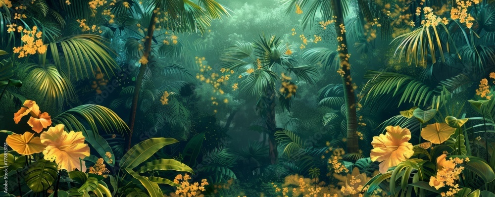 Lush digital artwork of a dense tropical forest with vibrant flora under a misty light