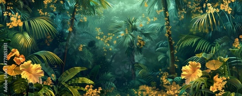 Lush digital artwork of a dense tropical forest with vibrant flora under a misty light