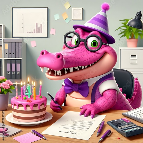Pink crocodile in purple top hat and glasses celebrating birthday at office desk cheerful croc with candled dessert
