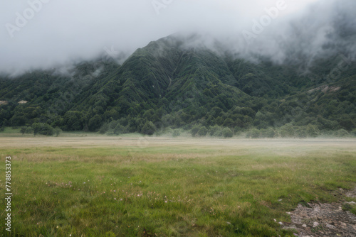 A soft morning mist hangs over the lush green mountain valley