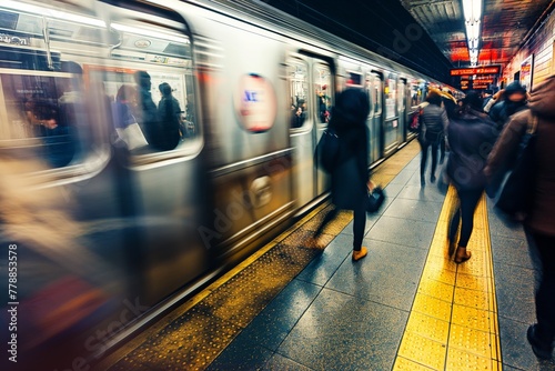 Motion blur of a train speeding through a busy underground platform with commuters.