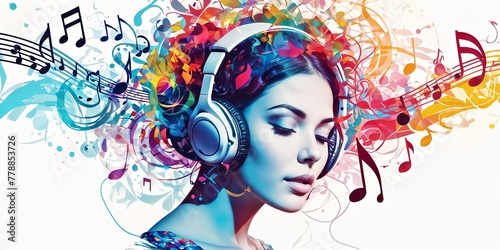 woman wearing headphones with music paint notes surrounding her. © i-element