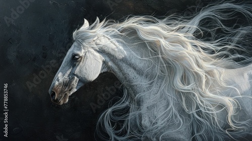 Majestic White Horse with Flowing Mane Galloping Through the Darkness A Striking Artistic Painting © VICHIZH