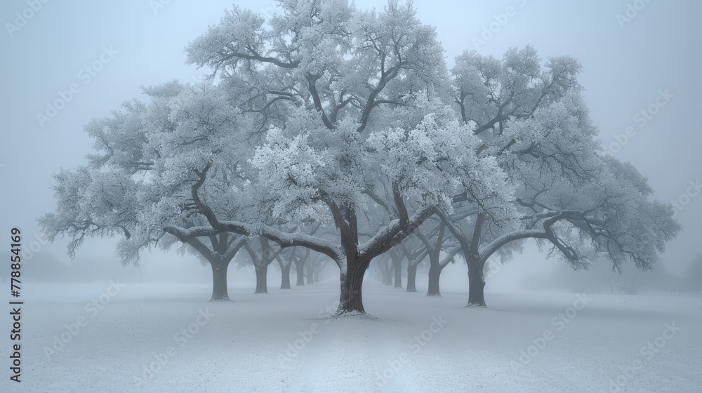 A foggy day with trees in the background and trees scattered in the foreground A foggy day with trees in the background and trees scattered in the foreground