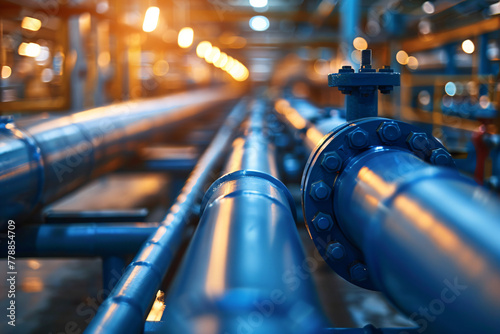 Blue illuminated industrial pipelines in facility. Vanishing point view of pipe system in a modern manufacturing plant. Industrial engineering and pipeline infrastructure concept