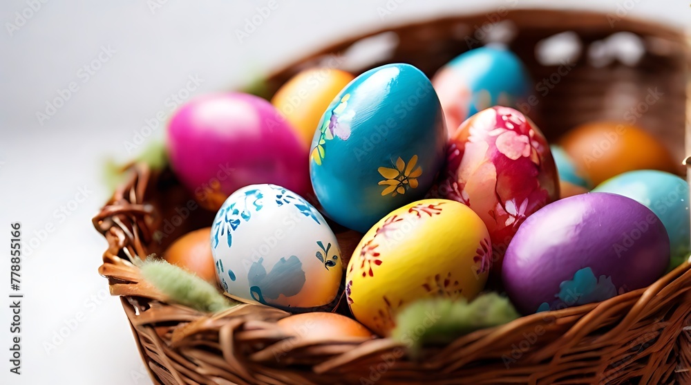 multi-colored chicken eggs grouped inside a rustic basket Soft pastel-colored Closeup of rare bird eggs in a camouflaged nest created.