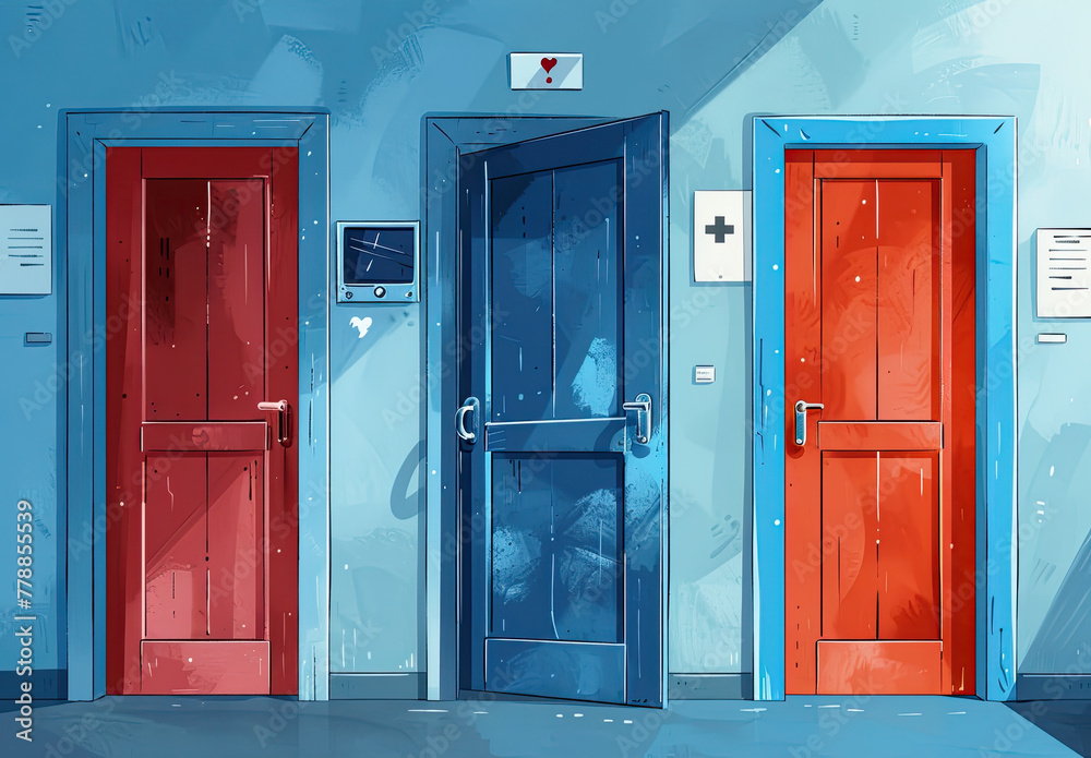 a panel of open blue and red doors with video calls to doctors on each of them realistic painting style