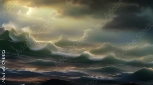animation, motion effect, Image of large waves in the sea while the sky is dark with clouds. 60 fps 8 sec. photo