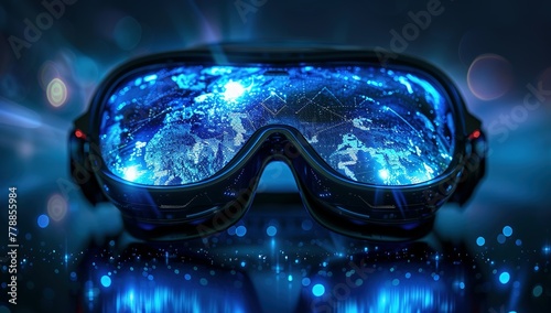 virtual reality simulator glasses, Blue CGI futuristic virtual reality simulator glasses, reality technology background concept © Koplexs-Stock