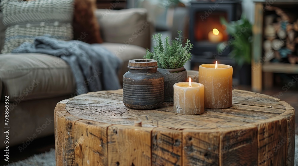   A pair of candles on a wooden table in front of a cozy living room with furniture and a fireplace