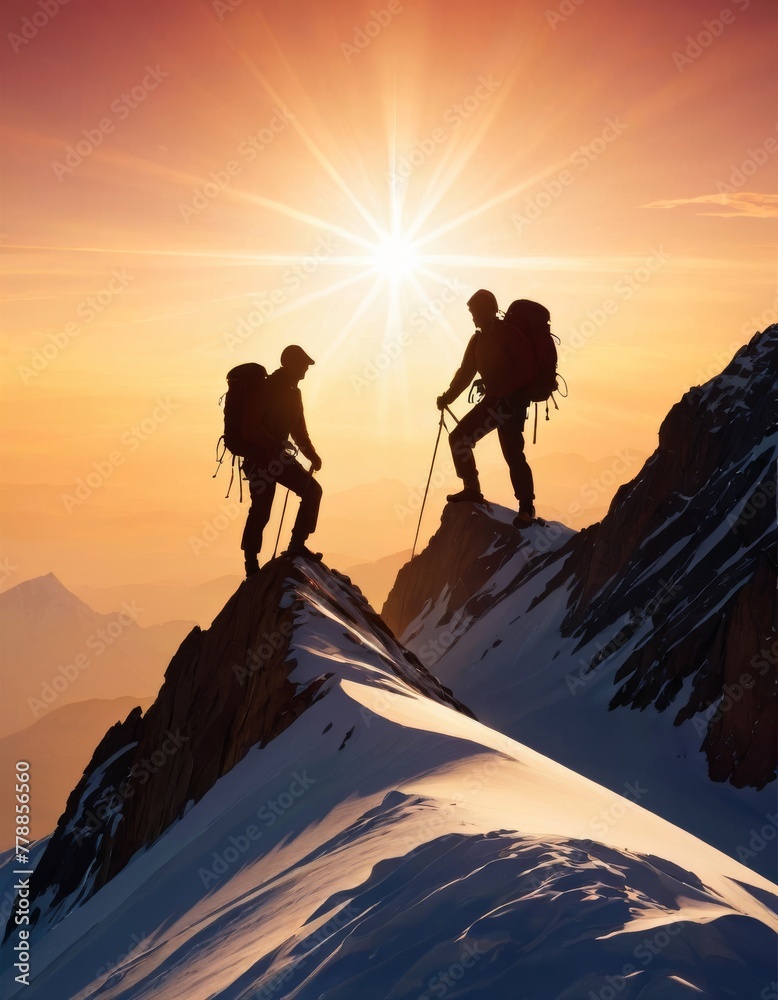 Mountaineers ascending a narrow snowy ridge with a brilliant sunrise in the background, symbolizing determination and challenge